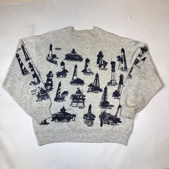 Vintage 90s Light Houses All Over Print AOP Crewneck Gray Sweatshirt Size Large - Picture 8 of 10